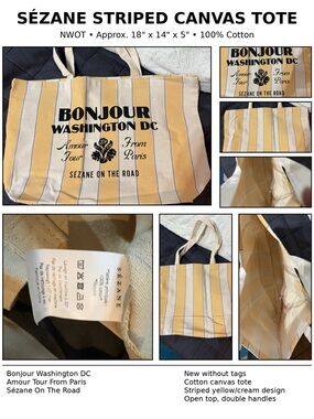 Sézane On The Road Bonjour Washington DC Striped Canvas Tote Bag NWOT